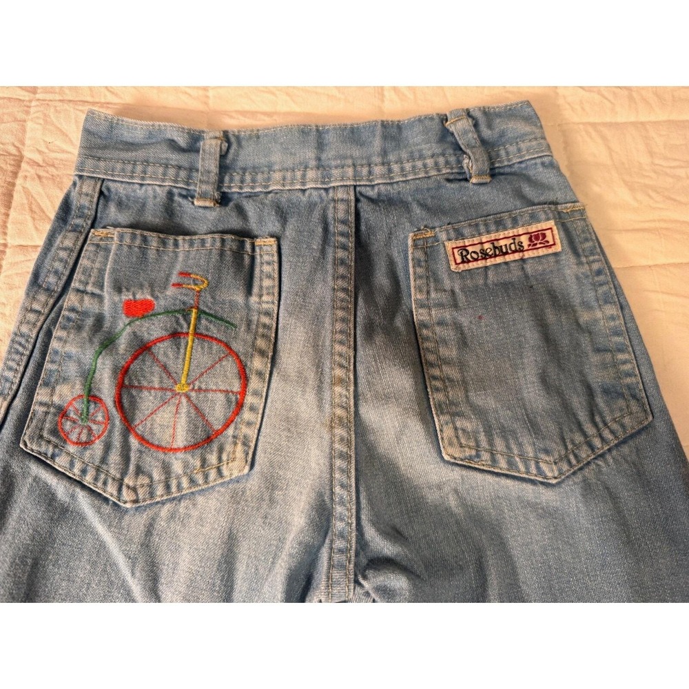 Rosebuds Vintage Kids Light Wash Denim Jeans Embroidered Bicycle Retro Blue 10